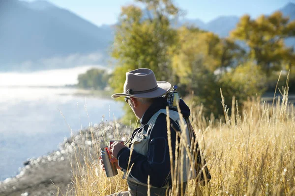 Fly Fisherman Drinking Coffee — Stock Photo, Image