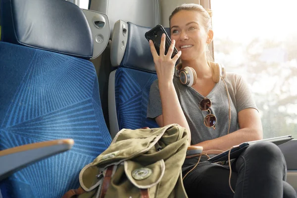 Casual Young Woman Talking Phone Train — Stock Photo, Image