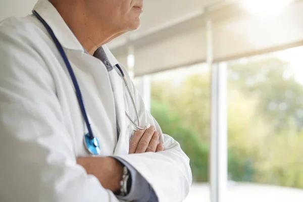 Closeup Doctor Arms Crossed Looking Window — Stock Photo, Image