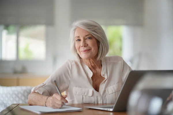 Elderly Woman Working Computer Home — Stock Photo, Image