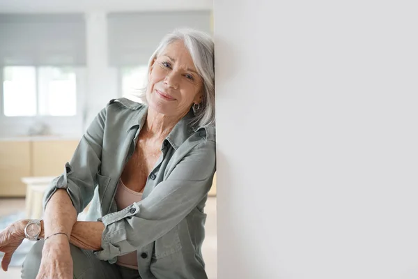 Beautiful Relaxed Elderly Woman Sitting Home — Stock Photo, Image