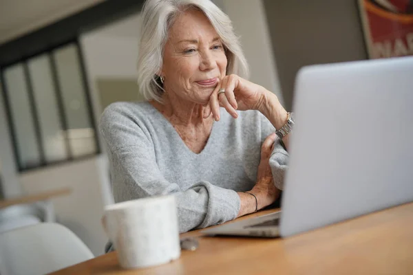Elderly Woman Home Computer — Stock Photo, Image