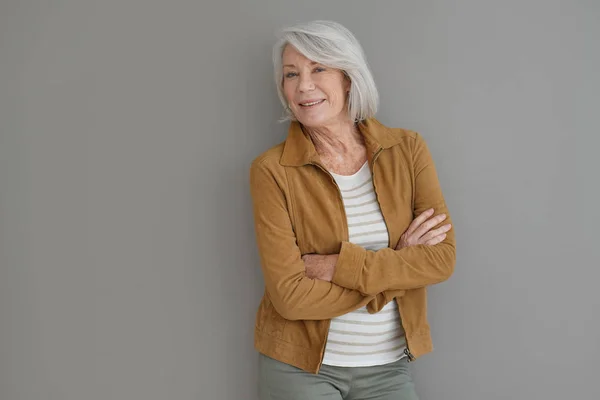 Modern Senior Woman Smiling Isolated Grey Background — Stock Photo, Image