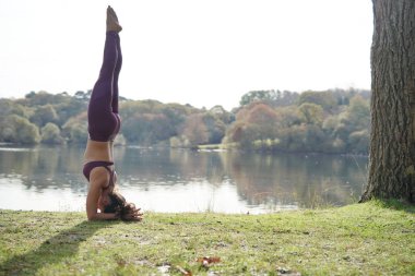 Gölün yanında açık havada esmer pratik yoga sonbaharda çarpıcı