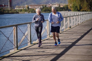  Active senior couple jogging together on bridge                               clipart