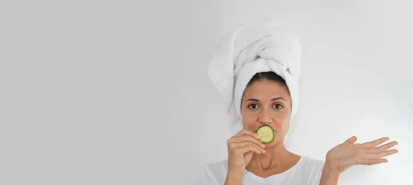 Beautiful Brunette Towel Turban Cucumber White Background — Stock Photo, Image