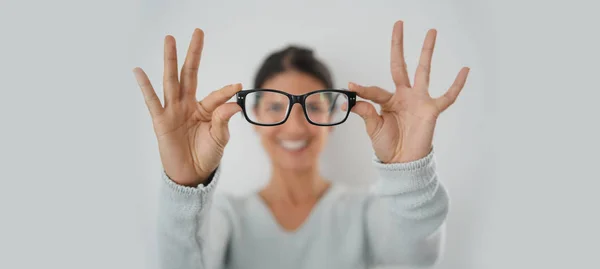 Isolated Portrait Playful Attractive Brunette Glasses — Stock Photo, Image