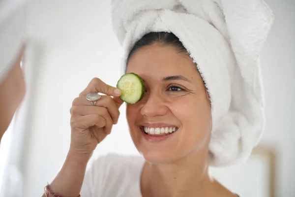 Attractive Brunette Towel Turban Cucumber Eye — Stock Photo, Image