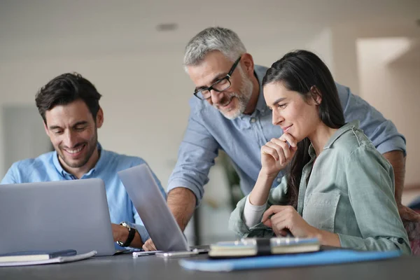 Jóvenes Colegas Con Jefe Mayor Trabajando Con Computadoras — Foto de Stock