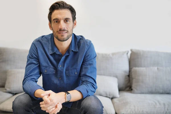 Isolated Handsome Man Denim Comfortable Couch — Stock Photo, Image