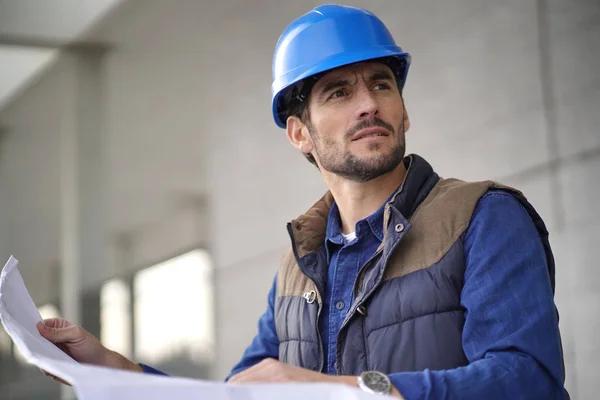Attractive Architect Hardhat Checking Blueprints Outdoors — Stock Photo, Image