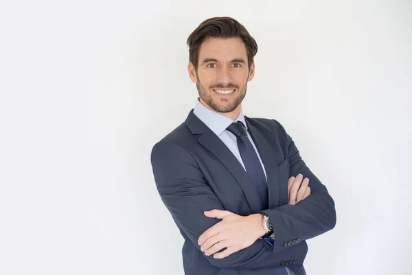 Isolado Bonito Empresário Sorrindo Terno Sob Medida — Fotografia de Stock