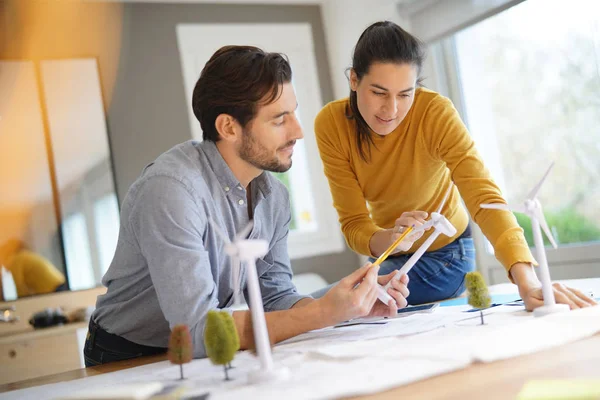 Good Looking Engineers Discussing Turbines Wind Farm — Stock Photo, Image