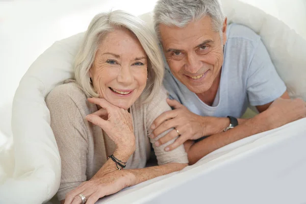 Portait Happy Attractive Senior Couple Bed — Stock Photo, Image