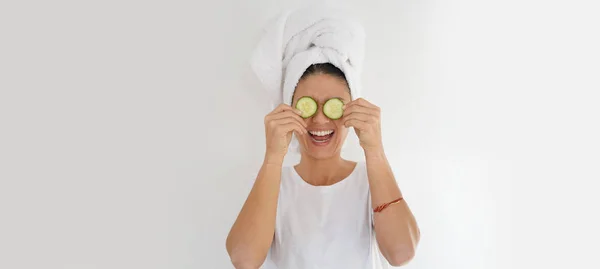 Vibrant Comical Brunette Towel Turban Cucumber Slices Eyes — Stock Photo, Image