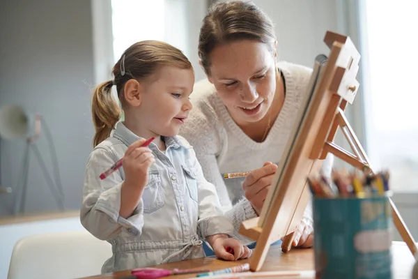 Genç kızı evde şövale üzerinde çizmek için öğretim anne