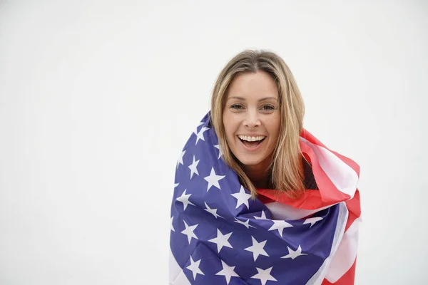Gorgeous Young Woman Smiling Wrapped Big American Flag White Background — Stock Photo, Image