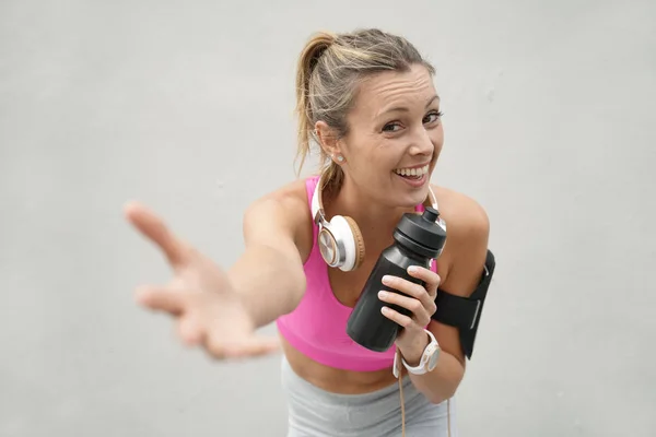 Happy Fit Woman Sportswear Workout Accessories White Background — Stock Photo, Image