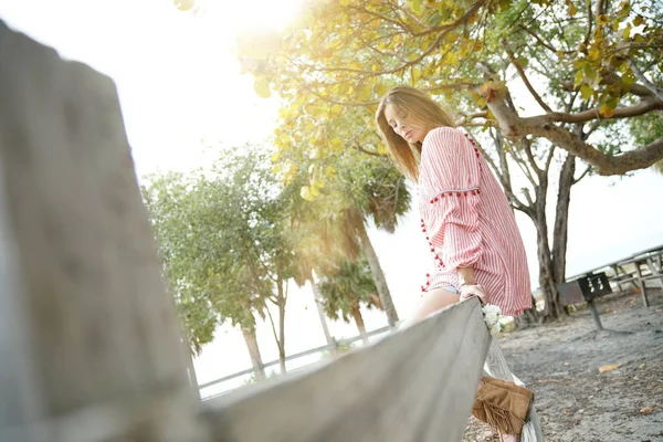 Attractive Bohemian Woman Sitting Rustic Fence — Stock Photo, Image