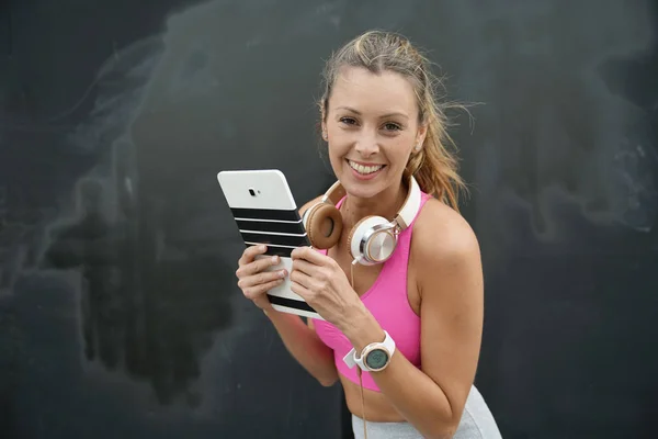 Happy Fitness Instructor Tablet Welcoming You Black Background — Stock Photo, Image