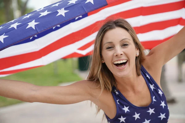 Proud Attractive Woman Flying American Flag Outdoors — Stock Photo, Image