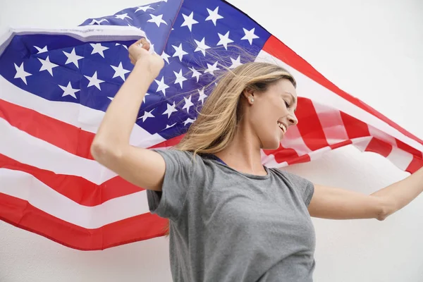 Gorgeous Dynamic Young Woman Smiling Big American Flag White Background — Stock Photo, Image