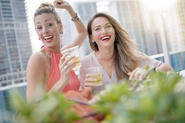 Twee Aantrekkelijke Funloving Vrienden Feesten Met Drankjes Aan Bar Het — Stockfoto