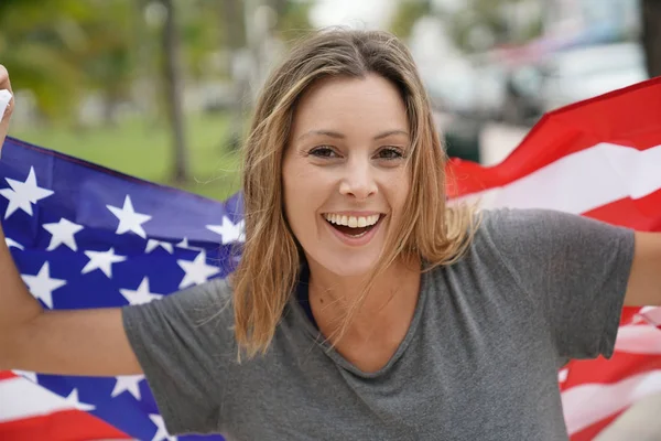 Gorgeous Dynamic Young Woman Smiling Big American Flag Outdoors — Stock Photo, Image