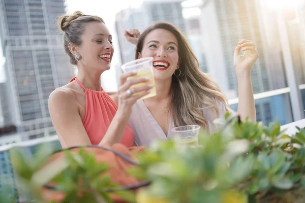 Dois Amigos Divertidos Atraentes Festejando Com Bebidas Bar Último Piso — Fotografia de Stock