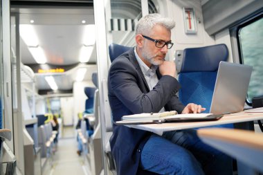 Tren içinde laptop üzerinde işadamı