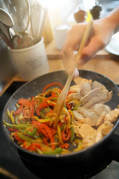 Closeup Frying Pan Meat Vegetables Being Cooked — Stock Photo, Image
