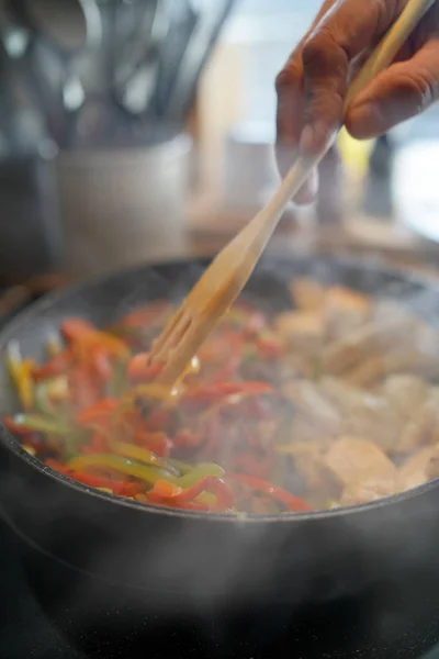 Closeup Frying Pan Meat Vegetables Being Cooked — Stock Photo, Image