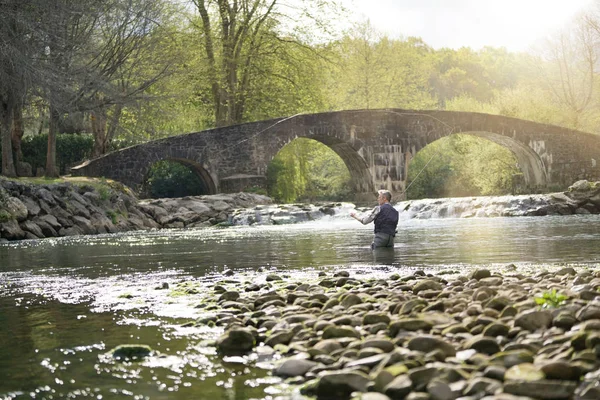 Mature Man Fly Fishing Beautiful River — Stock Photo, Image