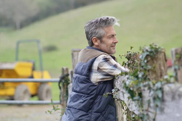 Farmer Leaning Fence Field Looking Out — Stock Photo, Image