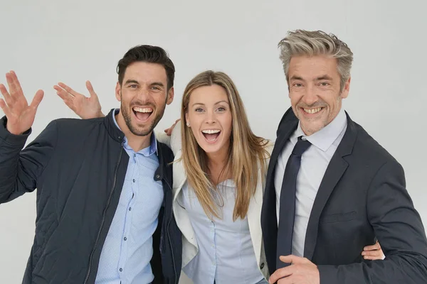 Des Collègues Travail Dynamiques Souriant Ensemble Sur Fond Gris — Photo