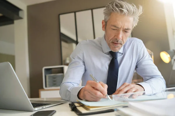 Beau Homme Affaires Travaillant Dans Bureau Contemporain — Photo