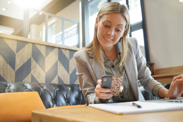 Saleswoman Připravující Prodejní Hřiště Pracovní Cestě — Stock fotografie