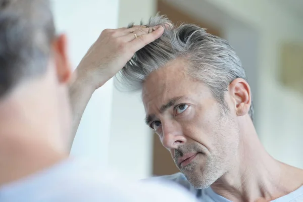 Portrait Mature Handsome Man Looking Mirror Home — Stock Photo, Image