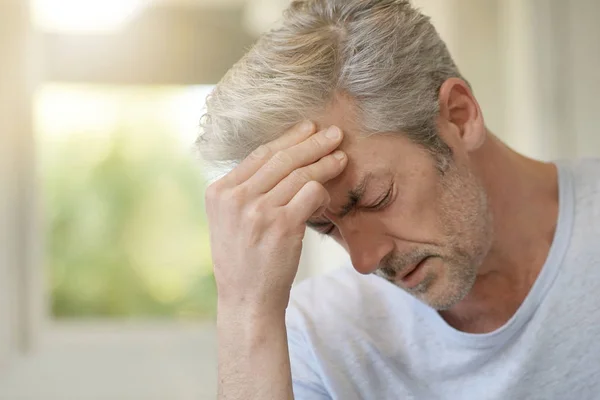 Mature Man Bad Headache Home — Stock Photo, Image