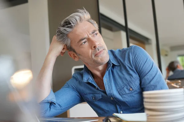 Mature Man Working Home Contemplating — Stock Photo, Image