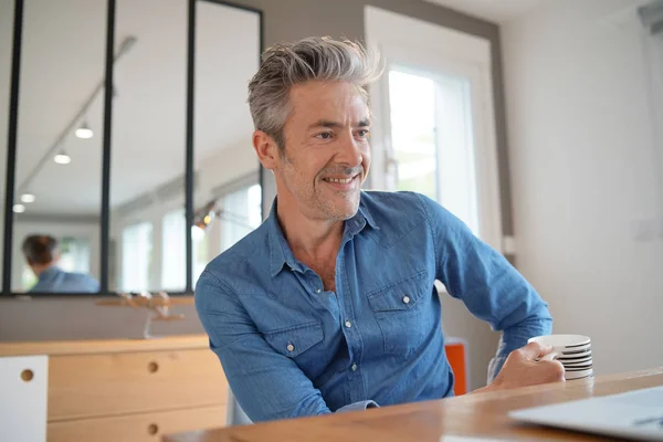 Mature Man Working Home Weekend — Stock Photo, Image