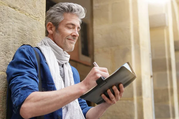 Mature Artist Sketching Historical Town — Stock Photo, Image