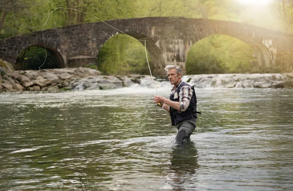 Ώριμος Άνθρωπος Μύγα Ψάρεμα Όμορφο Ποτάμι — Φωτογραφία Αρχείου