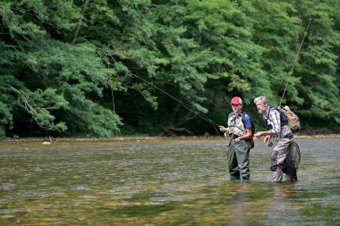 Bir baba ve oğlu yazın temiz suyla güzel bir alabalık nehrinde balık avlıyor.