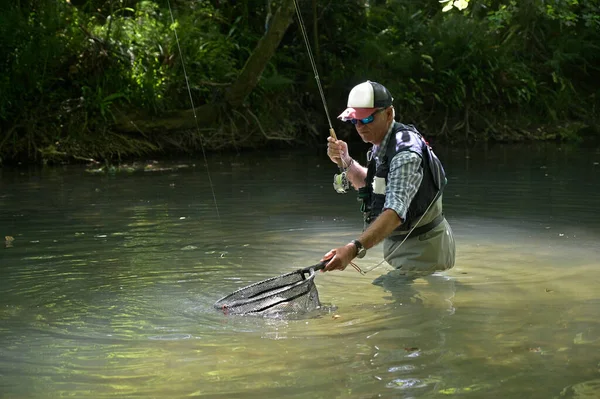 Fly Fisherman Summer Catching Rainbow Trout Fishing Mountain River — Stock Photo, Image