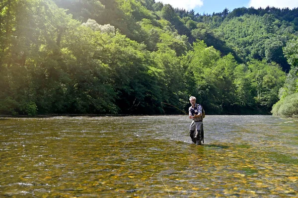 Homme Voler Pêche Été Dans Une Belle Rivière Avec Eau — Photo