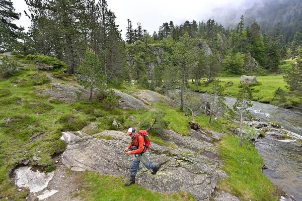 Fly Fisherman Trout Fishing Hiking Backpack Orange Jacket High Mountains — Stock Photo, Image