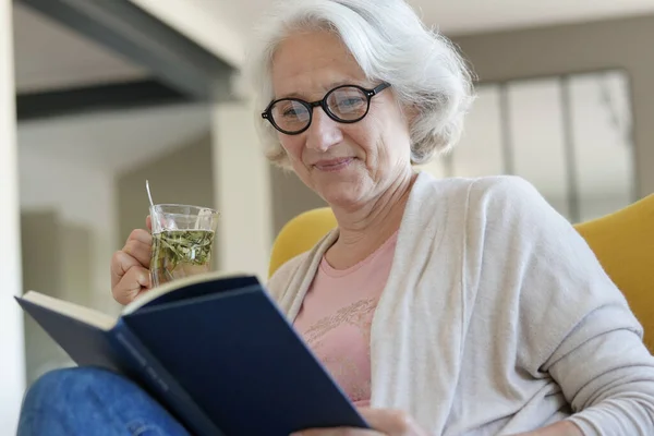 Ηλικιωμένη Γυναίκα Χαλαρώνοντας Στην Πολυθρόνα Και Βιβλίο Ανάγνωσης — Φωτογραφία Αρχείου