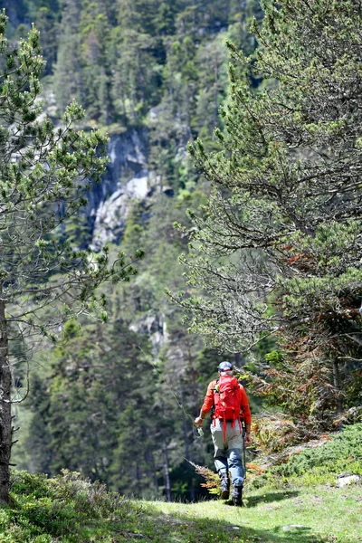 Pêche Truite Mouche Avec Sac Dos Randonnée Une Veste Orange — Photo