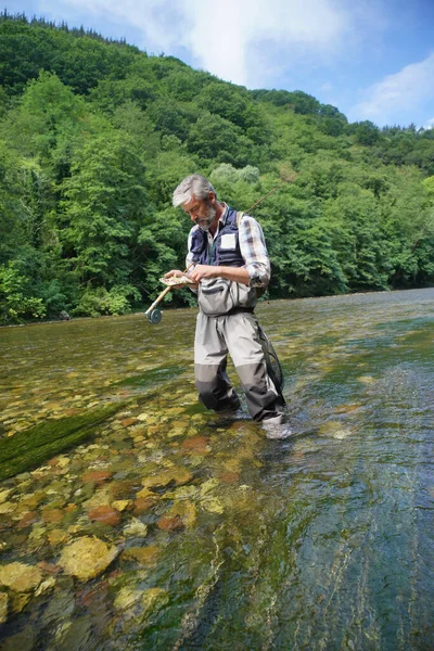 Uomo Pesca Mosca Estate Bellissimo Fiume Con Acqua Limpida — Foto Stock